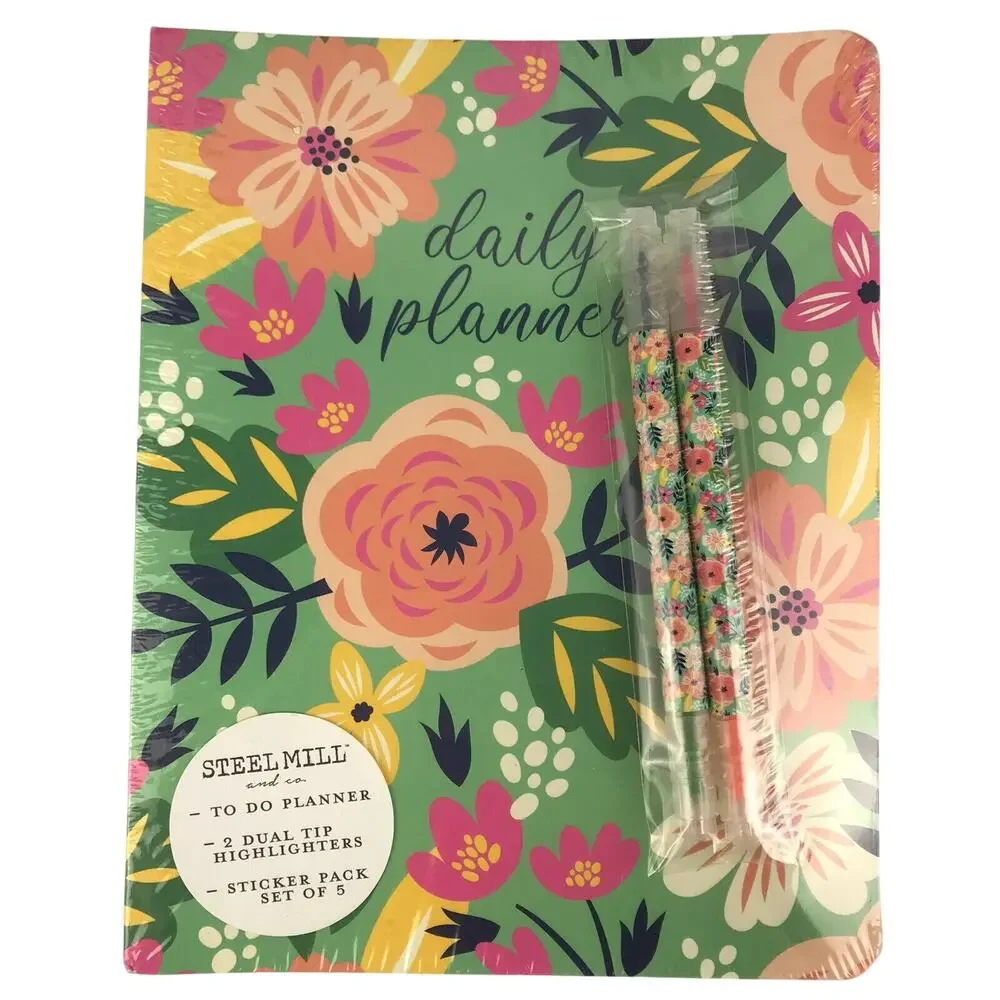 NWT Steel Mill & Co. Floral Daily Planner 2 Dual Tip Highlighters Sealed 8x7''